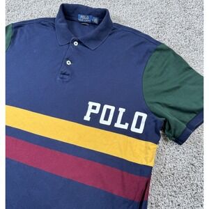 Polo Ralph Lauren Men's Stripe Colorblock Spellout Polo Shirt Short Sleeve Large